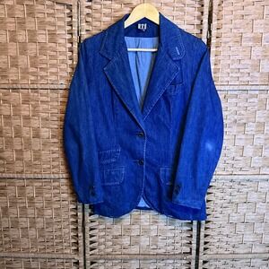 Vintage Mushroom Denim Jean Blazer Jacket Button Up Blue Casual Work Size 11/12